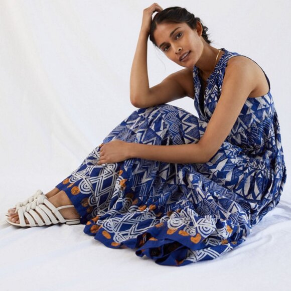 Anthropologie Tiered Abstract Maxi Blue Geometric Cotton Dress - Picture 5 of 12